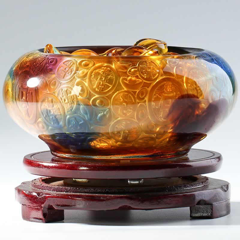 Buddha Stones Handmade Liuli Crystal Treasure Bowl Ingots Art Piece Home Decoration