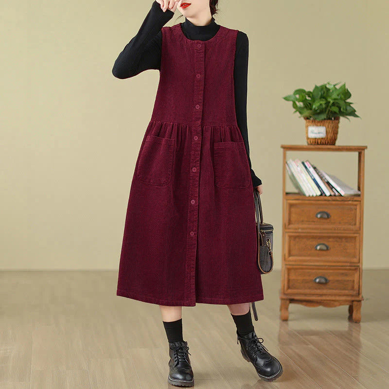 Buddha Stones Fall Retro Buttons Design Corduroy Sleeveless Midi Dress With Pockets