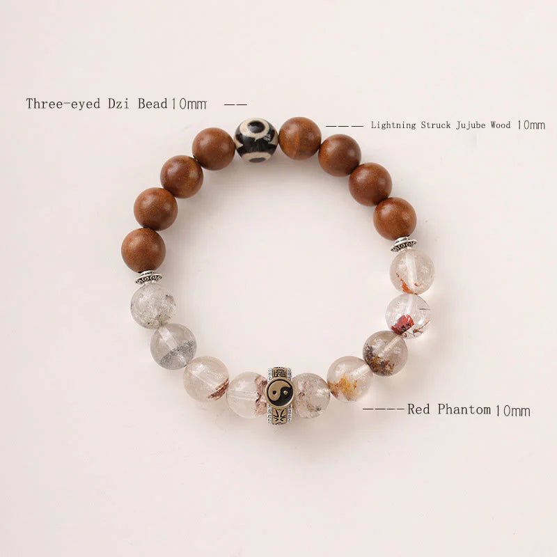 Buddha Stones Lightning Struck Wood Red Phantom Yin Yang Protection Bracelet