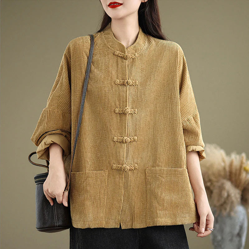 Buddha Stones Frog-button Stand Collar Women's Corduroy Jacket