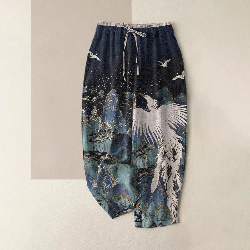 Buddha Stones Pure Cotton Auspicious Landscape Crane Pattern Women's Elastic Waist Pants With Pockets