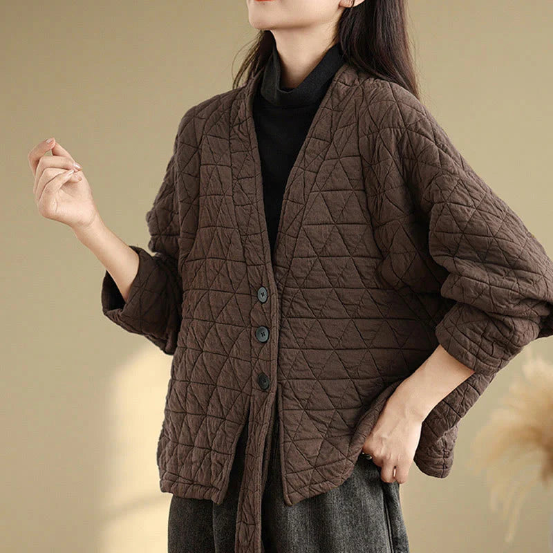 Buddha Stones Women's Buttons Long Sleeve Thickened Cotton Jacket With Pockets