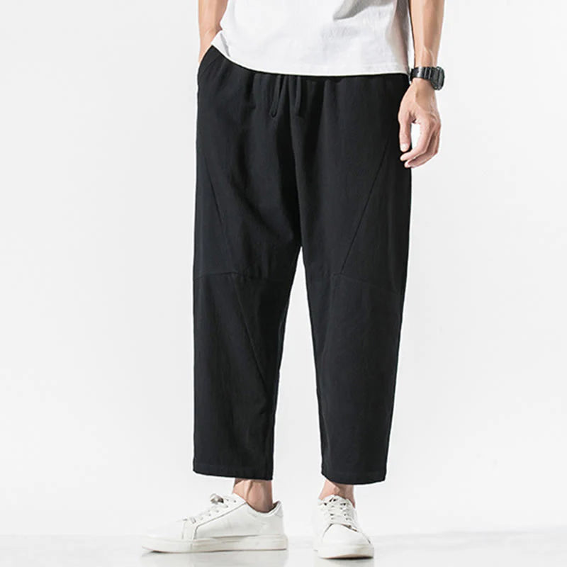Buddha Stones Vintage Jacquard Solid Color Drawstring Cotton Linen Men's Harem Pants With Pockets