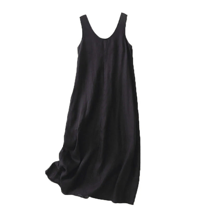 Buddha Stones Summer Daily Casual Pure Color Crew Neck Simple Design Sleeveless Midi Dress With Pockets
