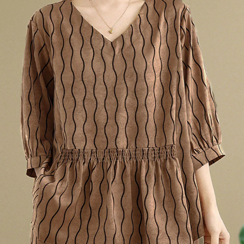 Buddha Stones 2pcs Striped Pattern Short Sleeve Shirt Polyester 7 Length Harem Pants Set With Pocket