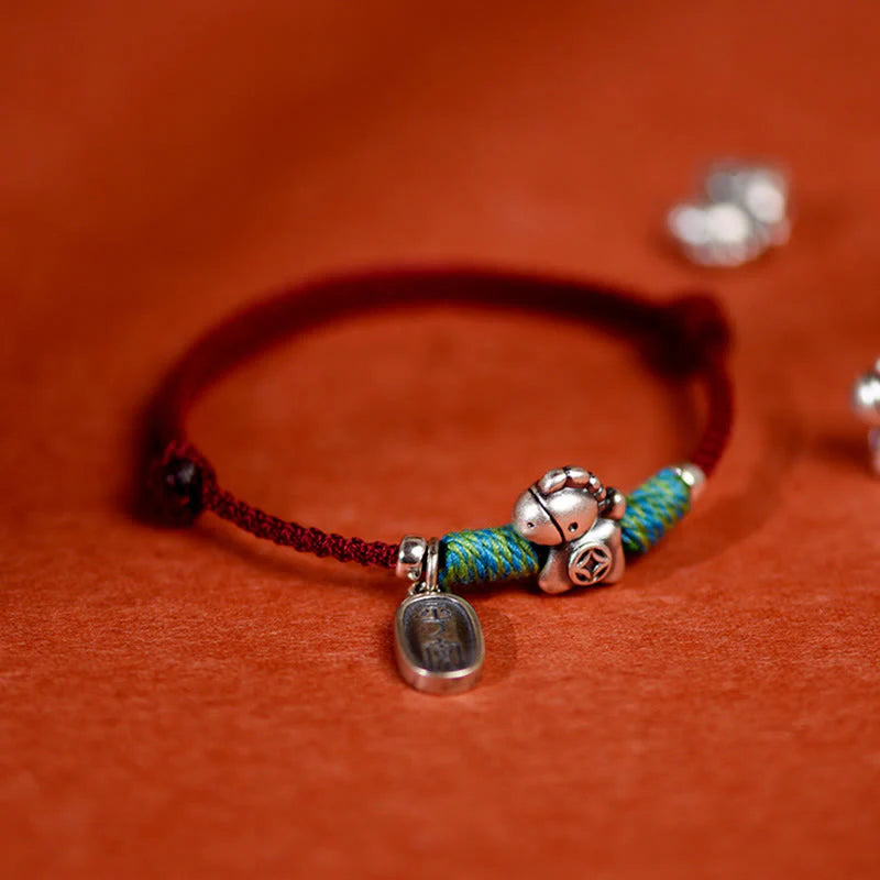 Buddha Stones 999 Sterling Silver Year Of The Horse 925 Sterling Silver Peace And Joy Charm String Braided Luck Bracelet Anklet