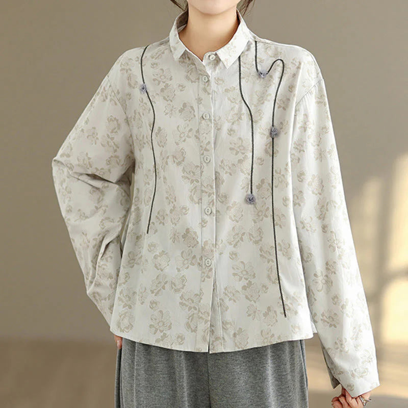 Buddha Stones Casual Embroidered Florals Women's Long Sleeve Polyester Shirt
