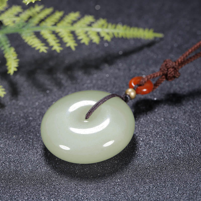 Buddha Stones Round Hetian White Jade Peace Buckle Blessing Necklace Pendant