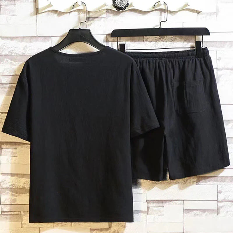 Buddha Stones 2Pcs Short Sleeve T-Shirt Drawstring Short Pants With Pockets Men's Cotton Linen Meditation Cloth Set