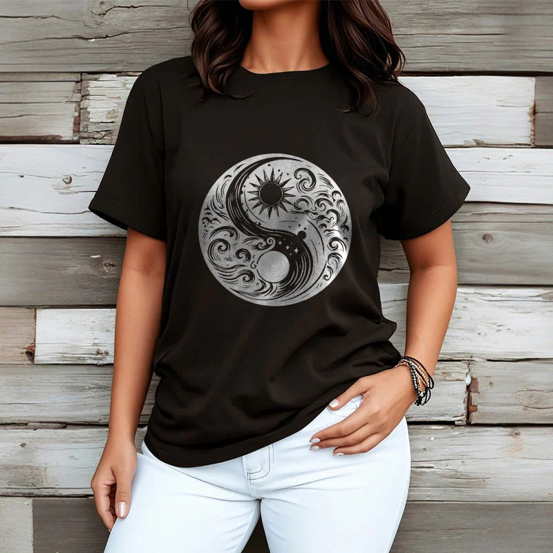 Buddha Stones Sun Moon Waves Yin Yang Pattern Cotton Tee T-shirt