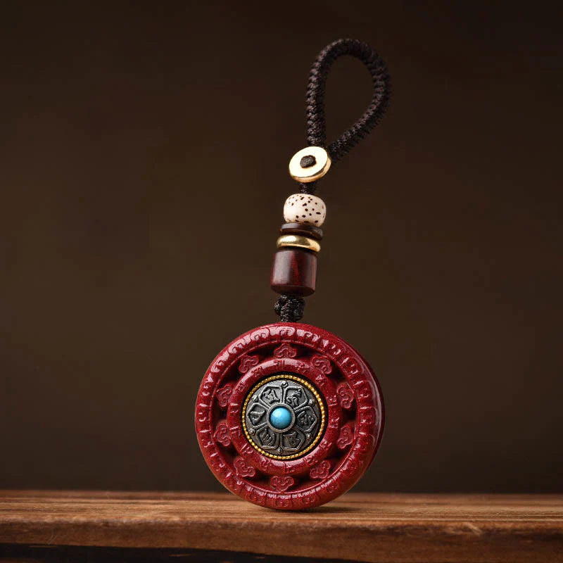 Buddha Stones Cinnabar Om Mani Padme Hum Blessing Rotatable Necklace Pendant Key Chain