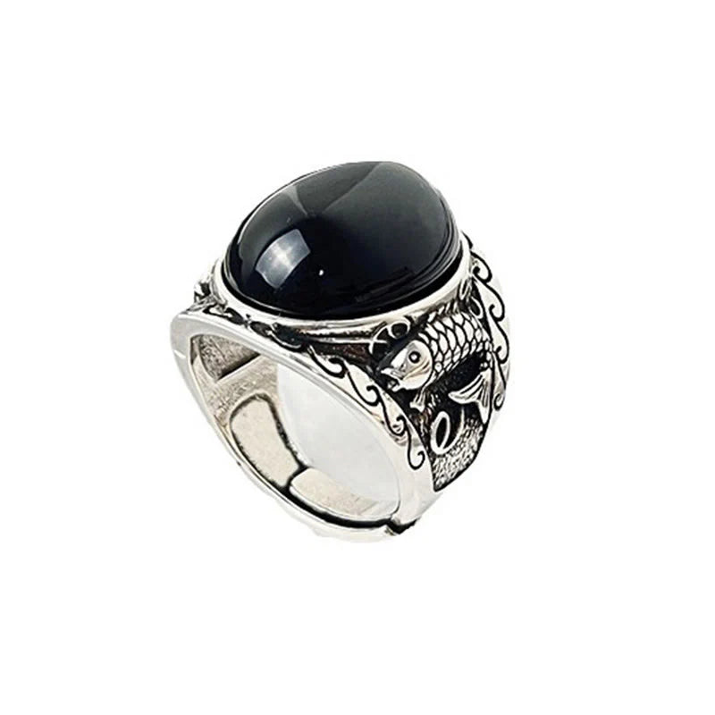 Buddha Stones Black Obsidian Koi Fish Symbol Strength Adjustable Ring