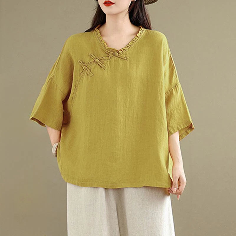Buddha Stones Spring V-Neck Frog-Button Long Sleeve Plain Women's Cotton Shirt