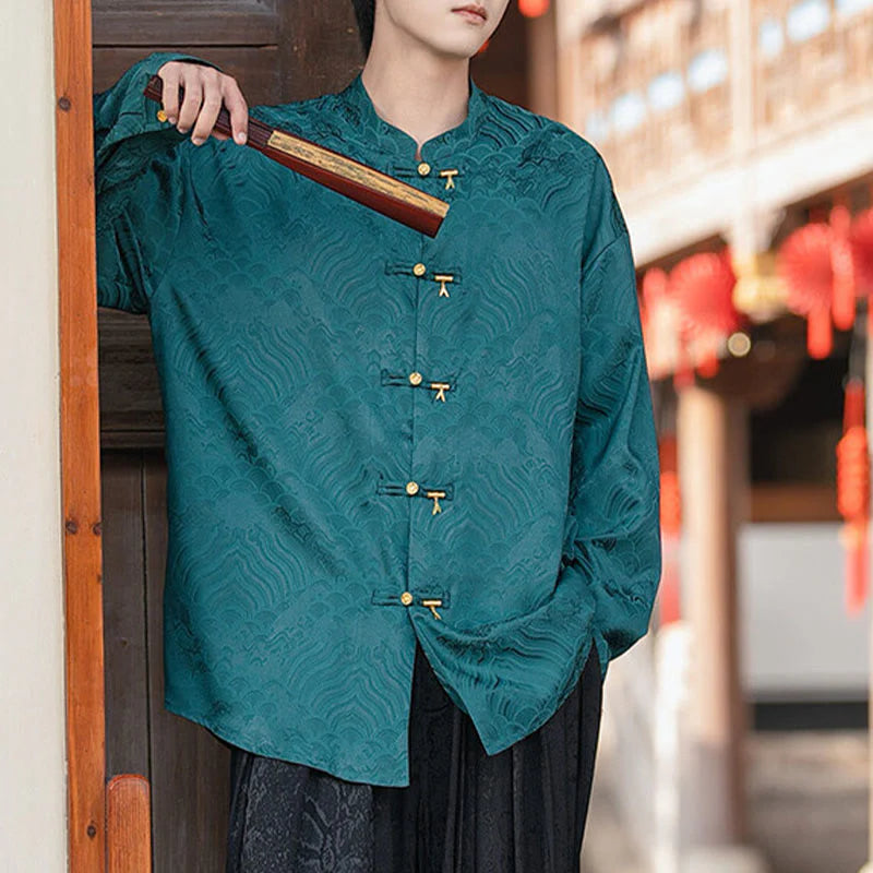 Buddha Stones Chinese Frog-Button Bamboo Shape Design Stand Collar Men's Long Sleeve Shirt