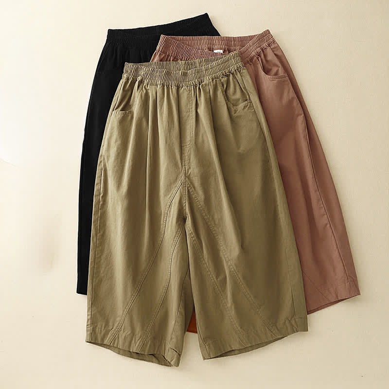 Buddha Stones Summer Cotton Elastic Waist Women's Half Pants With Pockets
