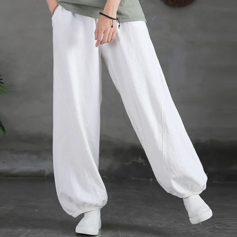 Buddha Stones Plain Color Ramie Linen Cotton Pants With Pockets
