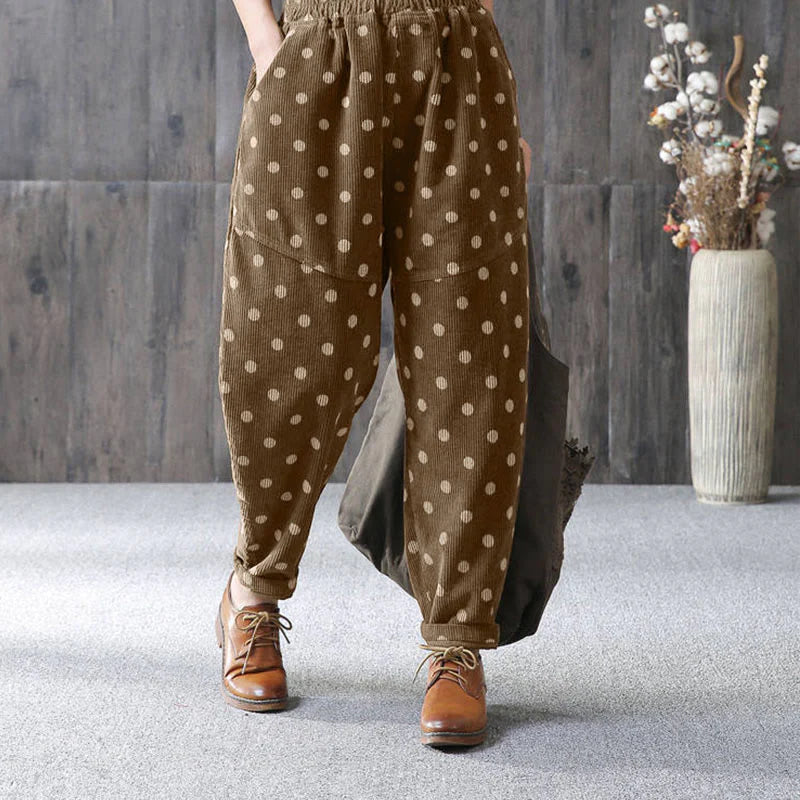 Buddha Stones Women's Fall Commute Printing Dot Pattern Corduroy Harem Pants With Pockets