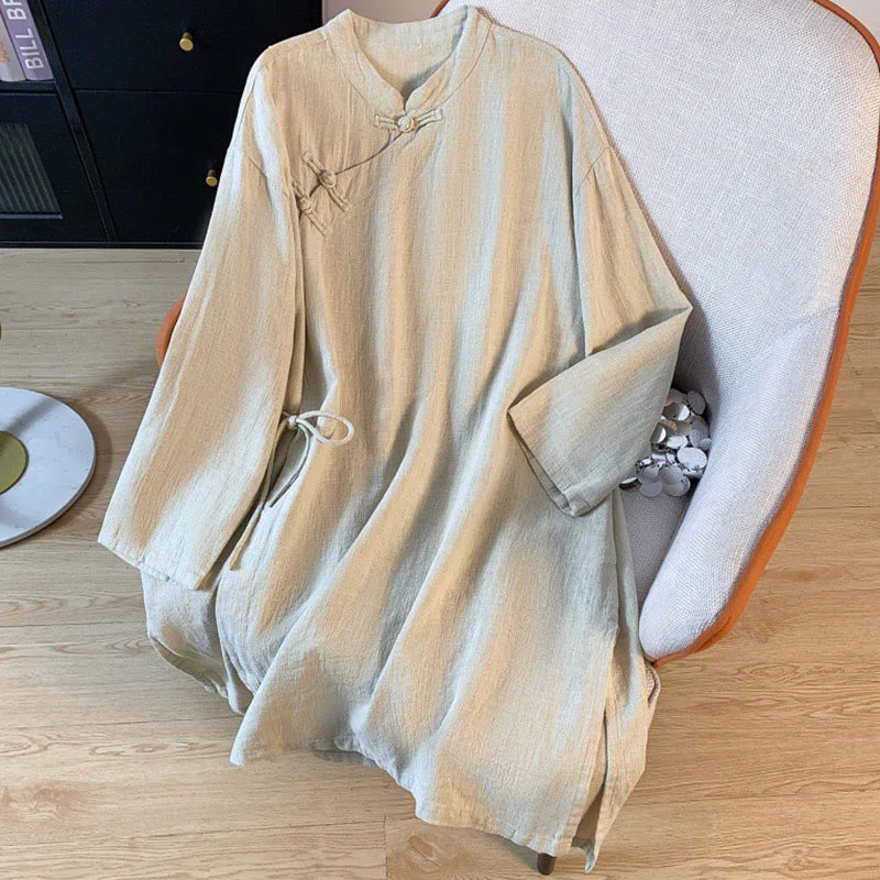 Buddha Stones Casual Women's Plain Frog-Button Stand Collar Design Long Sleeve Shirt