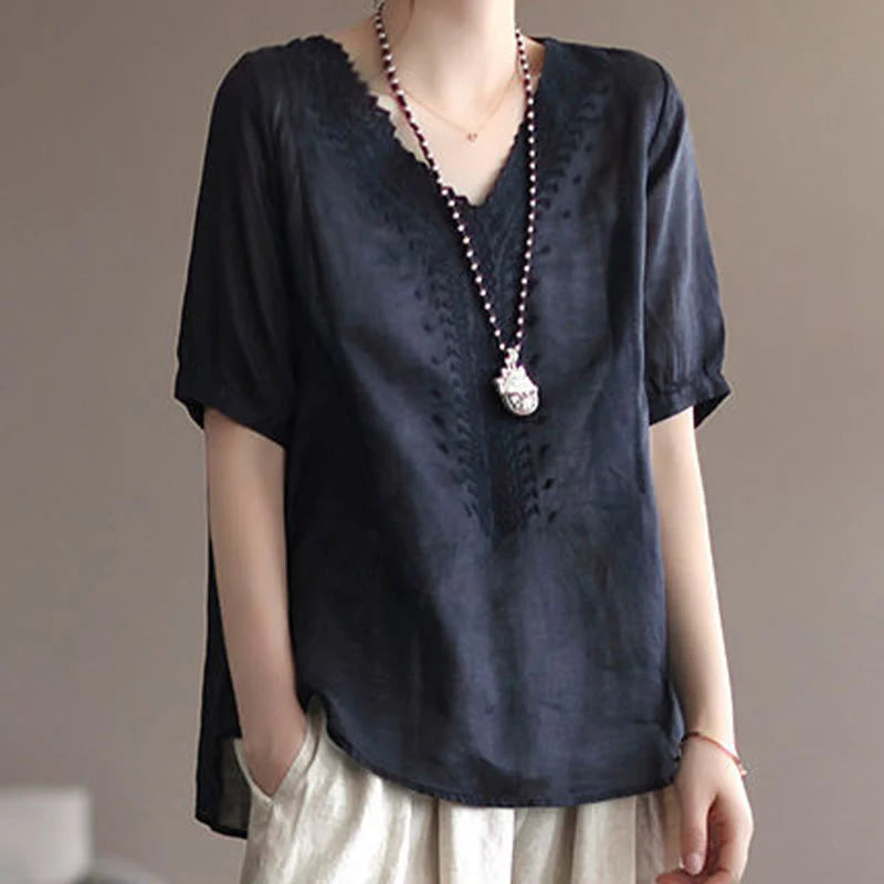Buddha Stones Summer Casual Embroidered Pattern Women's V-Neck Design Half Sleeve Cotton Linen T-shirt