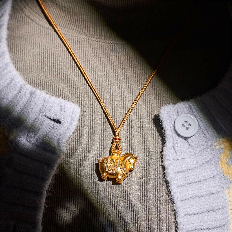 Buddha Stones Year Of The Horse 24k Gold Plated Brass Rope Cord Necklace Pendant