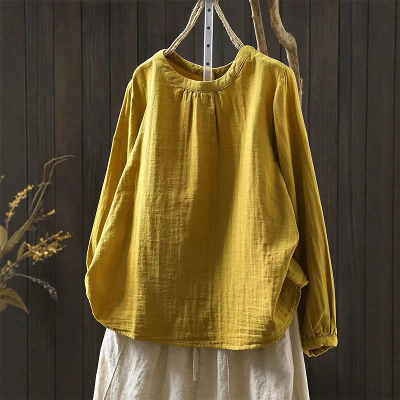 Buddha Stones Fall Crew Neck Back Button Down Design Long Sleeve Women's Cotton Shirt