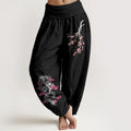 Buddha Stones Dragon Auspicious Clouds Flower Pattern Women's Elastic Waist Harem Cotton Pants