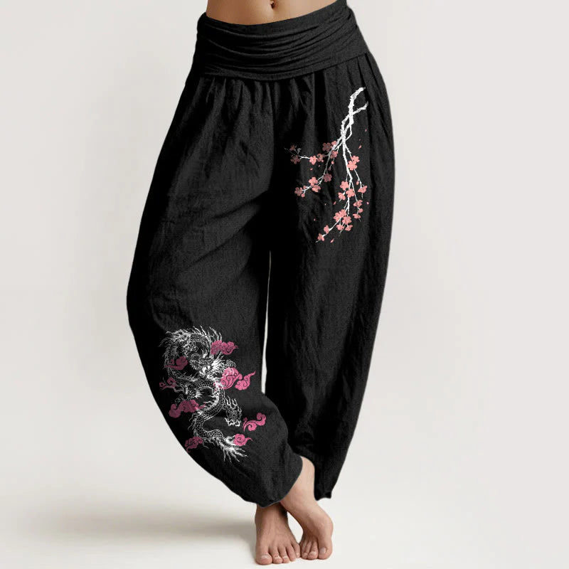 Buddha Stones Dragon Auspicious Clouds Flower Pattern Women's Elastic Waist Harem Cotton Pants