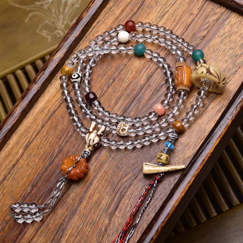 Buddha Stones 108 Beads Liuli Crystal Dzi Bead Agate Blessings Tassel Mala