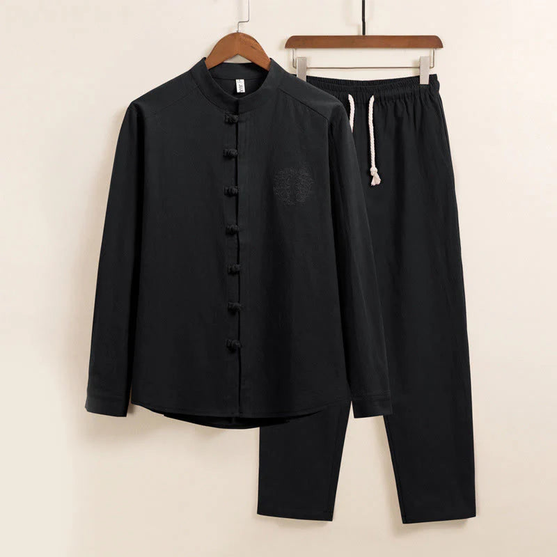Buddha Stones 2Pcs Plain Men's Frog-Button Long Sleeve Cotton Shirt Pants Set With Pockets