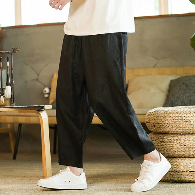 Buddha Stones Casual Retro Solid Color Simple Design Drawstring Men's Linen Elastic Waistband Harem Pants With Pockets