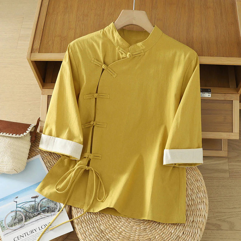 Buddha Stones Casual Vintage Chinese Frog-Button Lace-Up Patchwork Design Women's Cotton Shirt