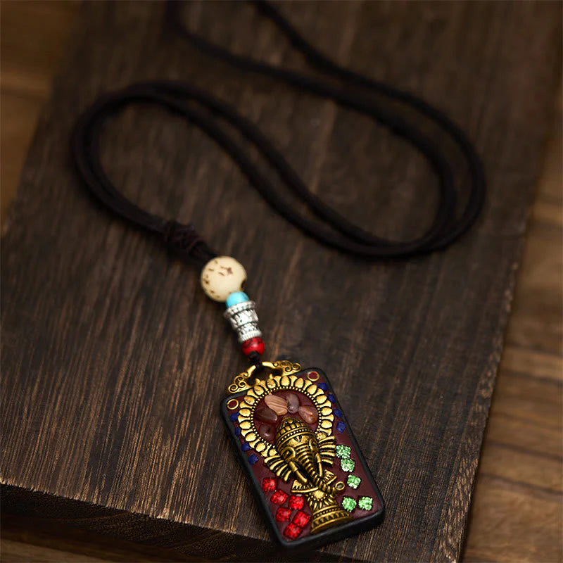 Buddha Stones Tibetan Ganesh Ganpati Elephant Ebony Wood Rope Peace Necklace Pendant