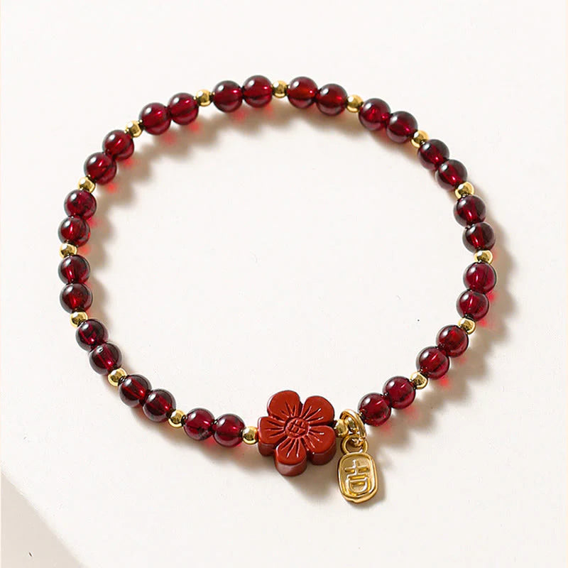 Buddha Stones 14K Gold Plated Natural Garnet Cinnabar Flower Calm Bracelet