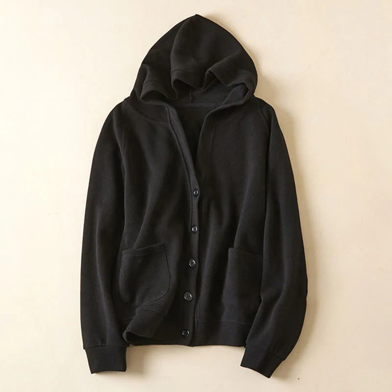 Buddha Stones Plain Buttons Women's Cotton Hooded Jacket With Pockets