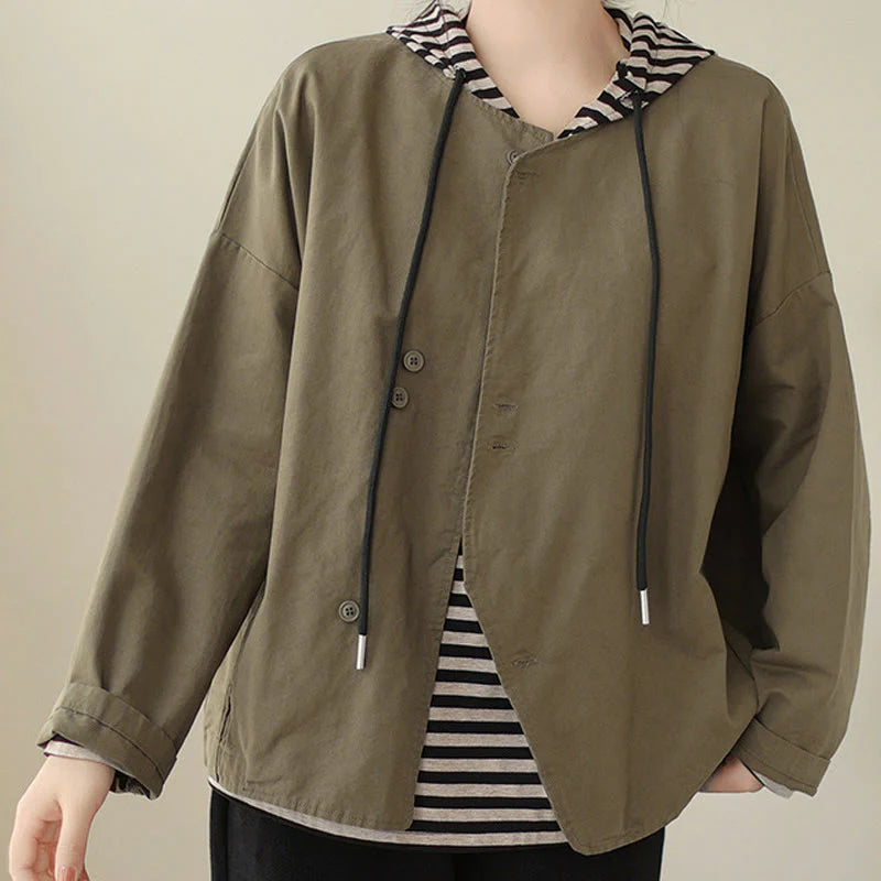 Buddha Stones Spring Plain Asymmetry Design Long Sleeve Women's Cotton Linen Jacket With Pockets