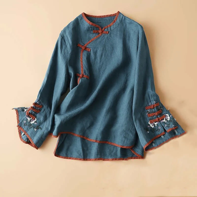 Buddha Stones Retro Flower Embroidery Design Long Sleeve Cotton Linen Women's Shirt