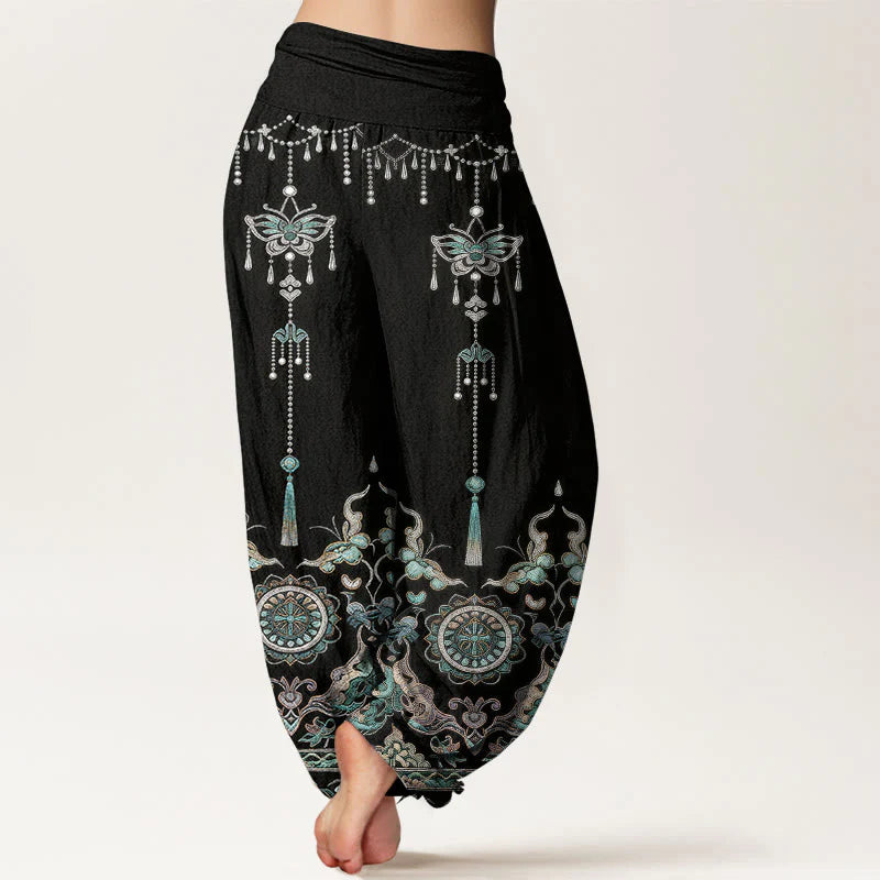 Buddha Stones Cotton Classic Jewelry Butterfly Flower Tassel Pattern Women's Elastic Waist Harem Pants