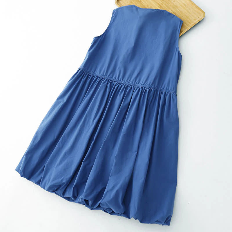 Buddha Stones Summer Buttons Pleated Knee Length Women's Sleeveless Dress With Pockets