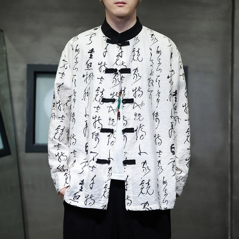 Buddha Stones Spring Fall Calligraphy Frog-Button Long Sleeve Men's Jacket