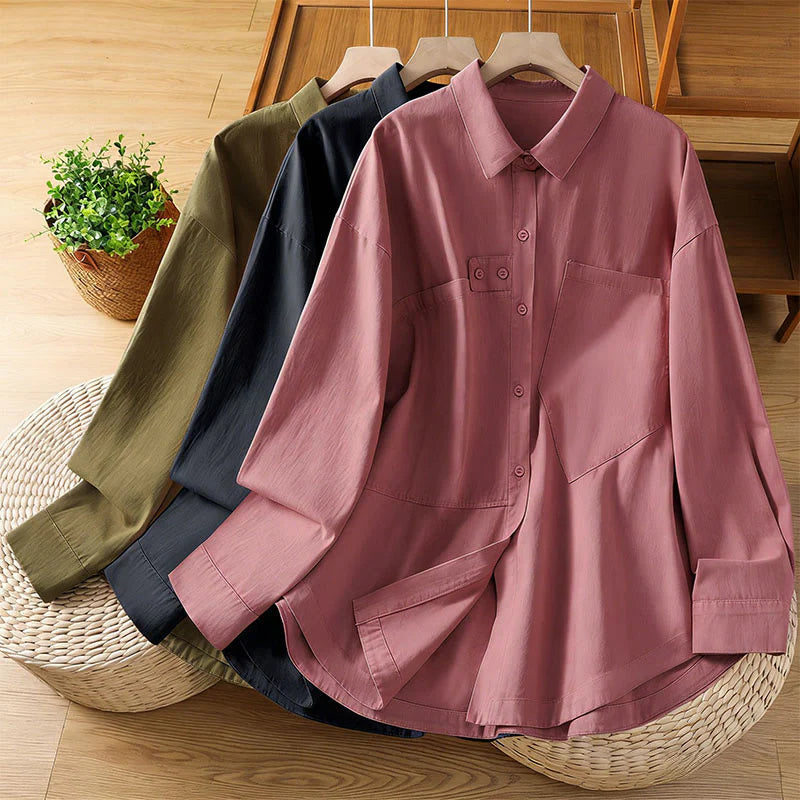Buddha Stones Spring Plain Lapel Long Sleeve Women's Cotton Shirt With Pockets