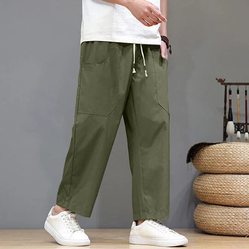 Buddha Stones Summer Solid Color Drawstring Straight Leg 7-8 Length Men's Pants With Pockets