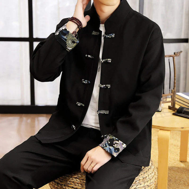 Buddha Stones 2Pcs Tang Suit Frog-Button Men's Waves Long Sleeve Shirt Pants Clothing Set
