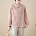 Buddha Stones Women's Spring Embroidered Flower Pattern Stand Collar Long Sleeve Cotton Shirt