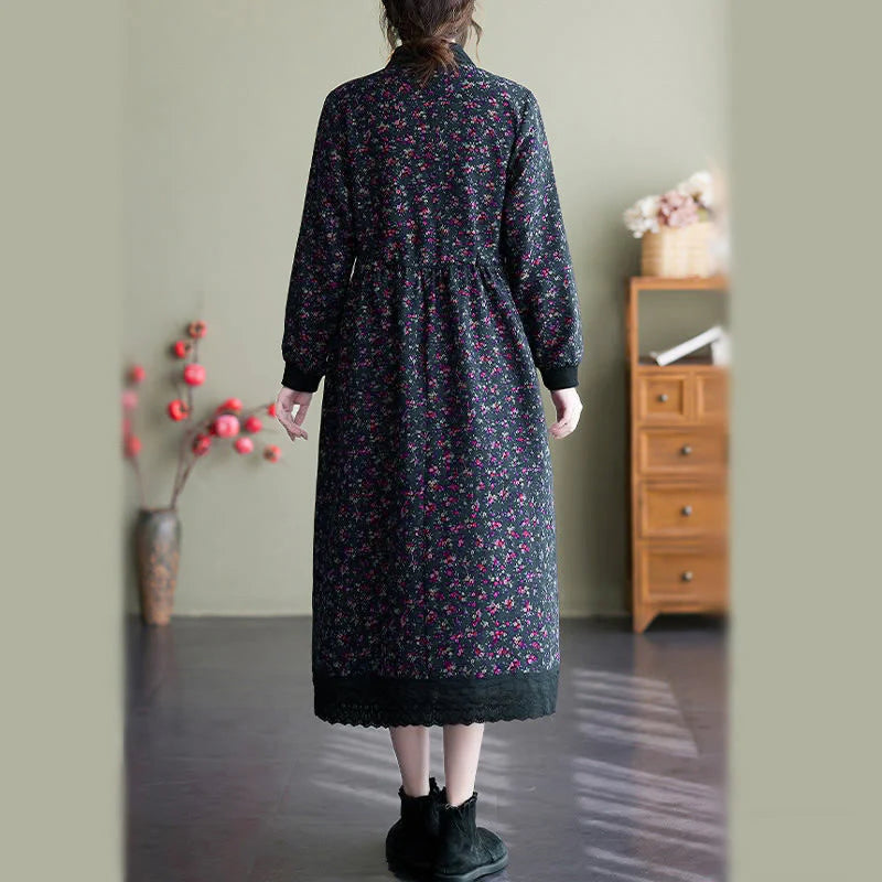 Buddha Stones Ethnic Printed Drawstring Long Sleeve Cotton Midi Dress With Pockets