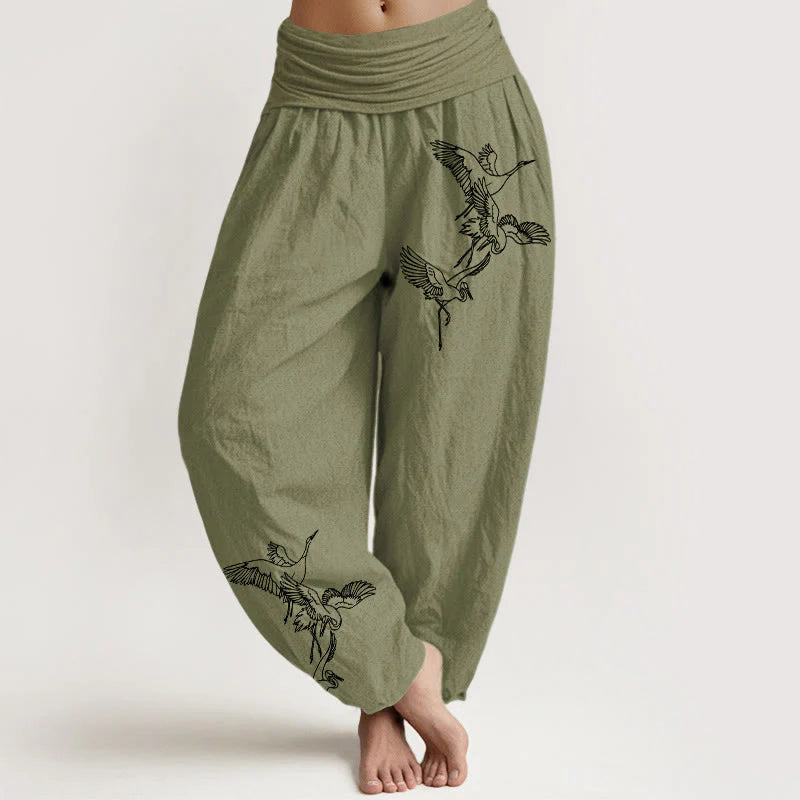 Buddha Stones Flying Crane Pattern Women's Elastic Waist Harem Cotton Pants
