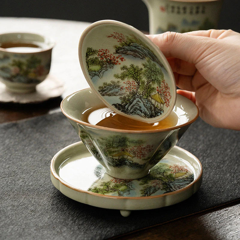 Buddha Stones Pine Mountain Forest Landscape Ceramic Gaiwan Sancai Teacup Kung Fu Tea Cup And Saucer With Lid (Extra 35% Off | USE CODE: FS35)