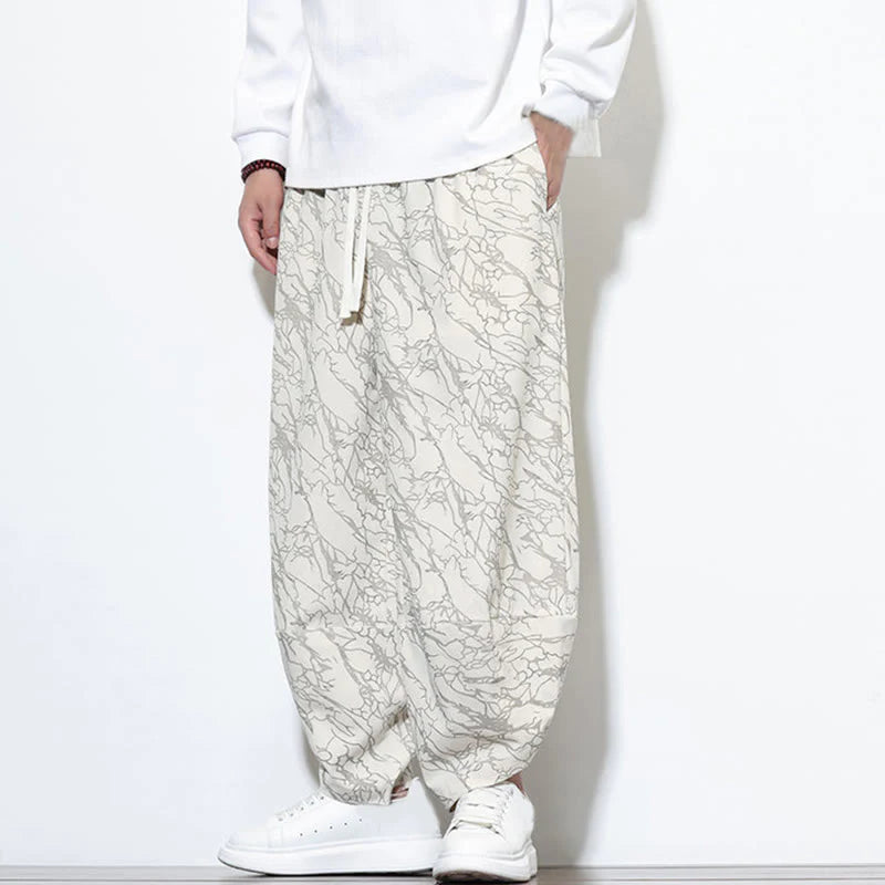 Buddha Stones Fall Textured Lines Print Cotton Elastic Waist Ankle-Length Men's Harem Pants With Pockets