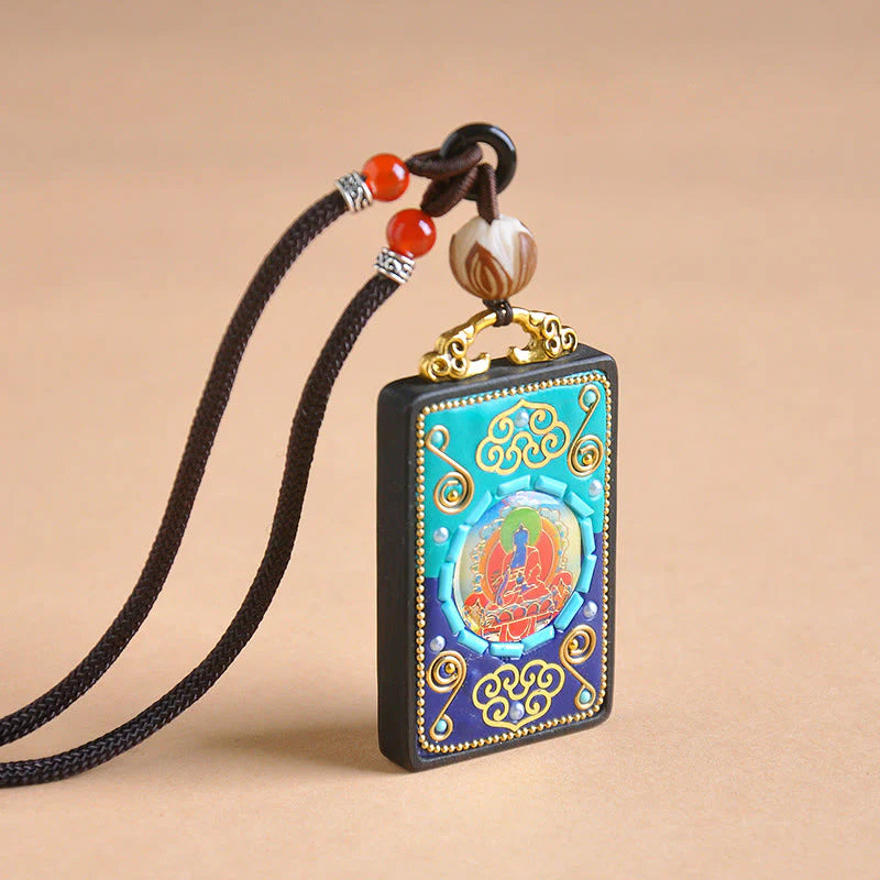 Buddha Stones Medicine Buddha Ebony Wood Peace Necklace Pendant