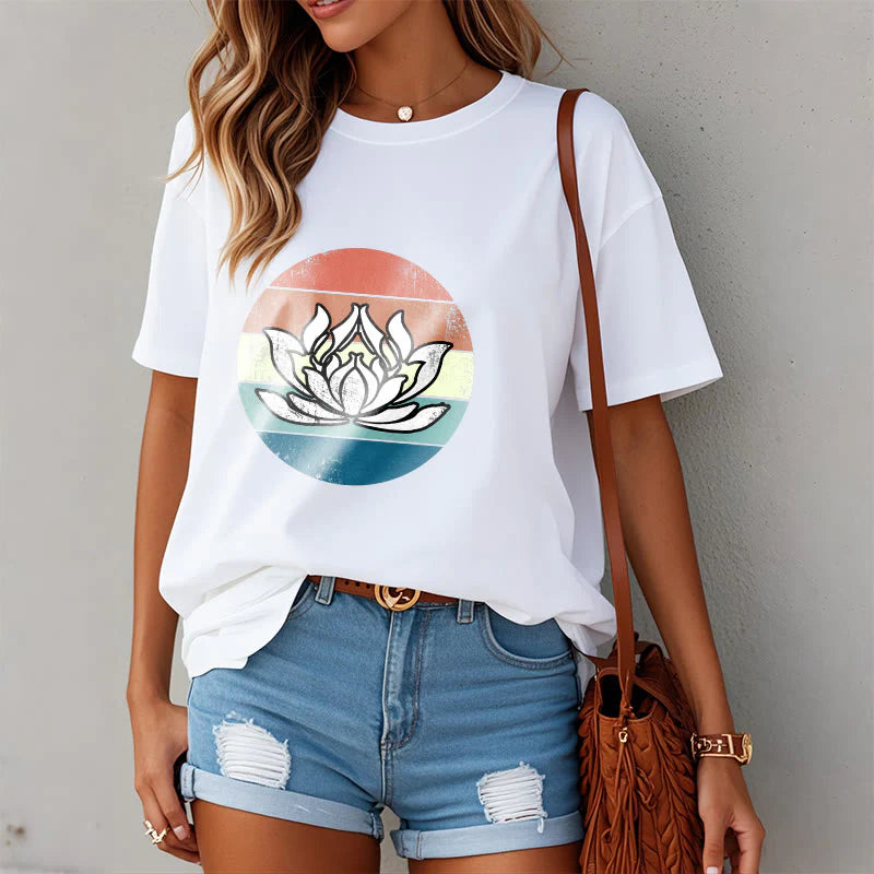 Buddha Stones Blooming Lotus Colorful Striped Pattern Cotton Tee T-shirt