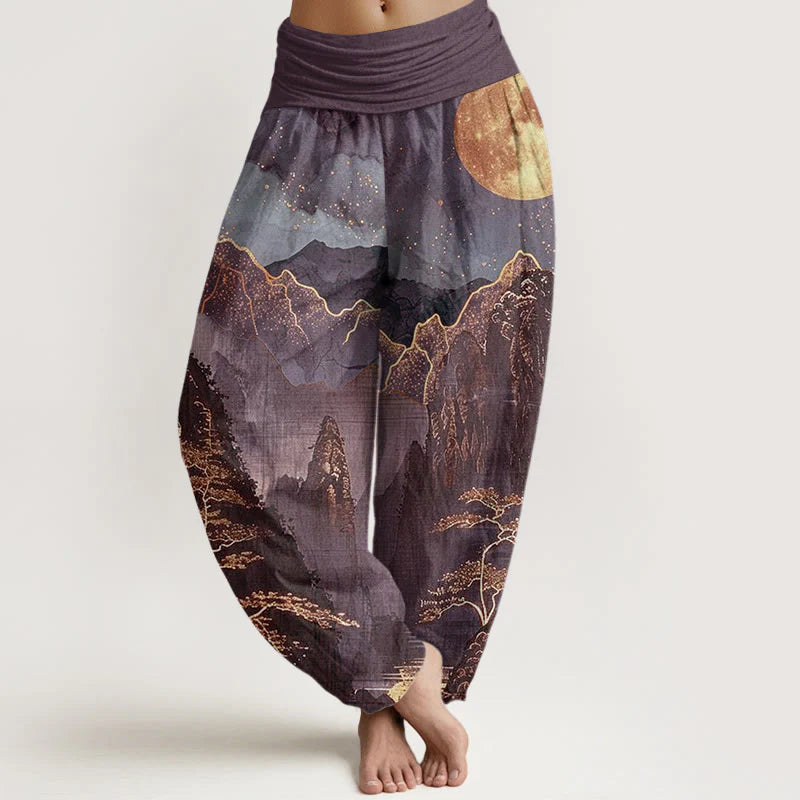 Buddha Stones Cotton Casual Full Moon Mountains Trees River Pattern Women's Elastic Waist Harem Pants